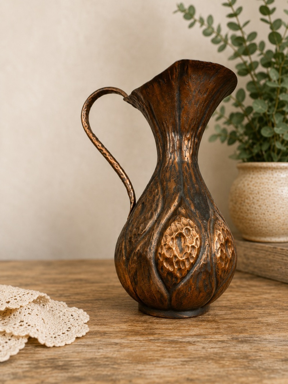 Vintage Hand Hammered Copper Pitcher Ewer Vase Rustic Arts & Crafts Decor 12”
